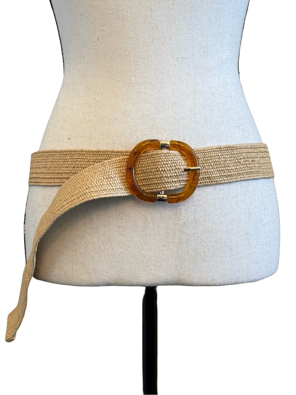 Beige Woven Stretch Belt Tortoise Buckle Boho Coastal Grandma Style Resin Gold